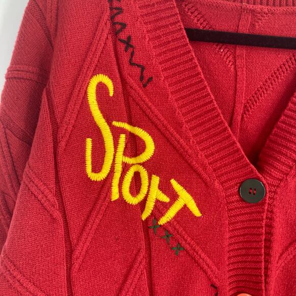 Embroidered Cable Knit Red Patchwork Chunky Cardigan 90s Sporty Grandpa Large - Picture 5 of 15